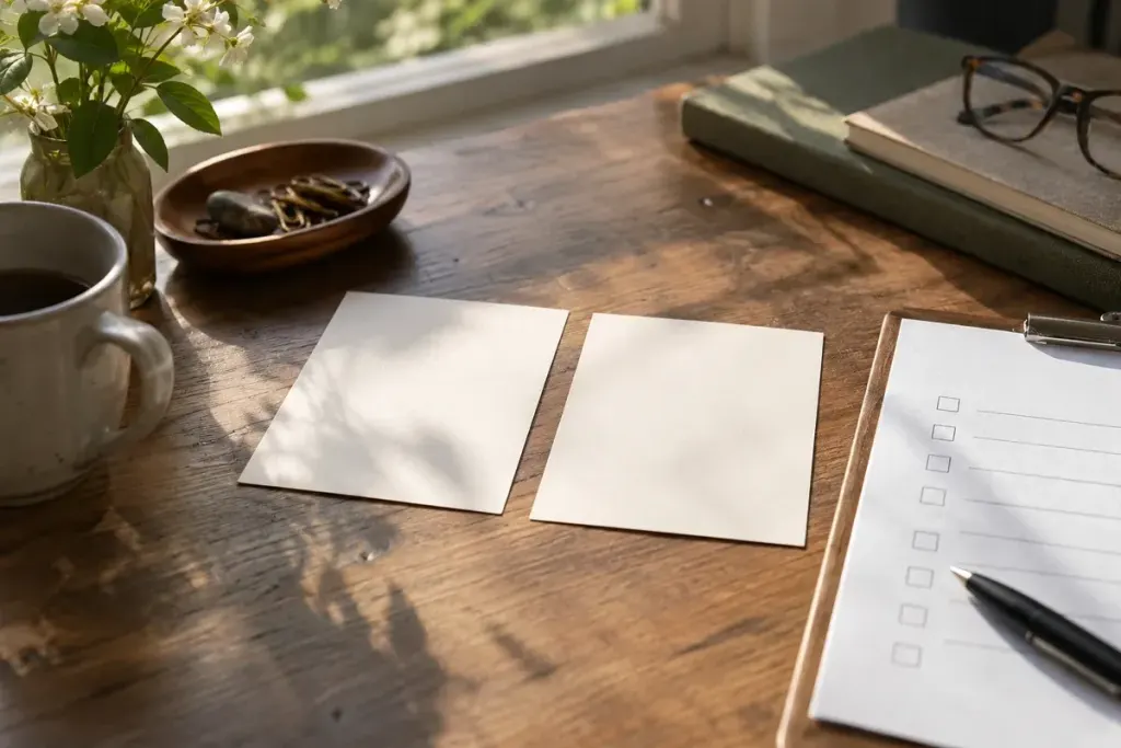 Two simple unlettered choice cards and a form with empty checkboxes on a thoughtful desk still life.