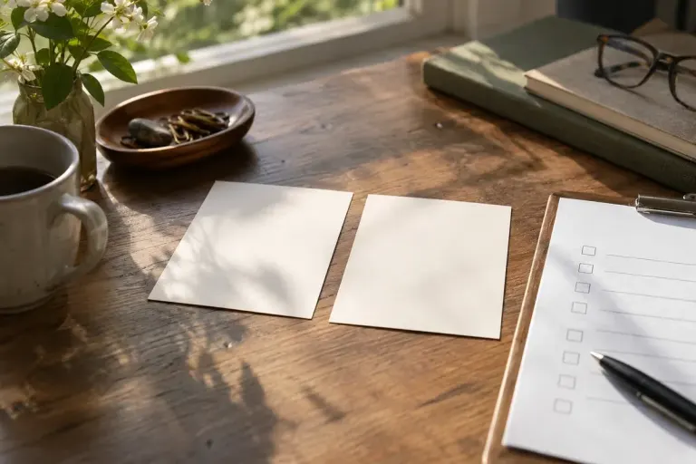 Two simple unlettered choice cards and a form with empty checkboxes on a thoughtful desk still life.