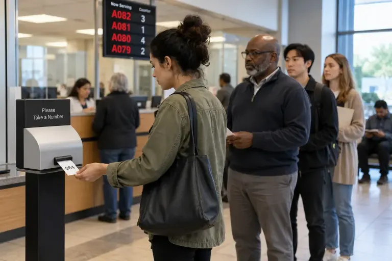 People calmly waiting near a numbered ticket dispenser in a public service lobby.