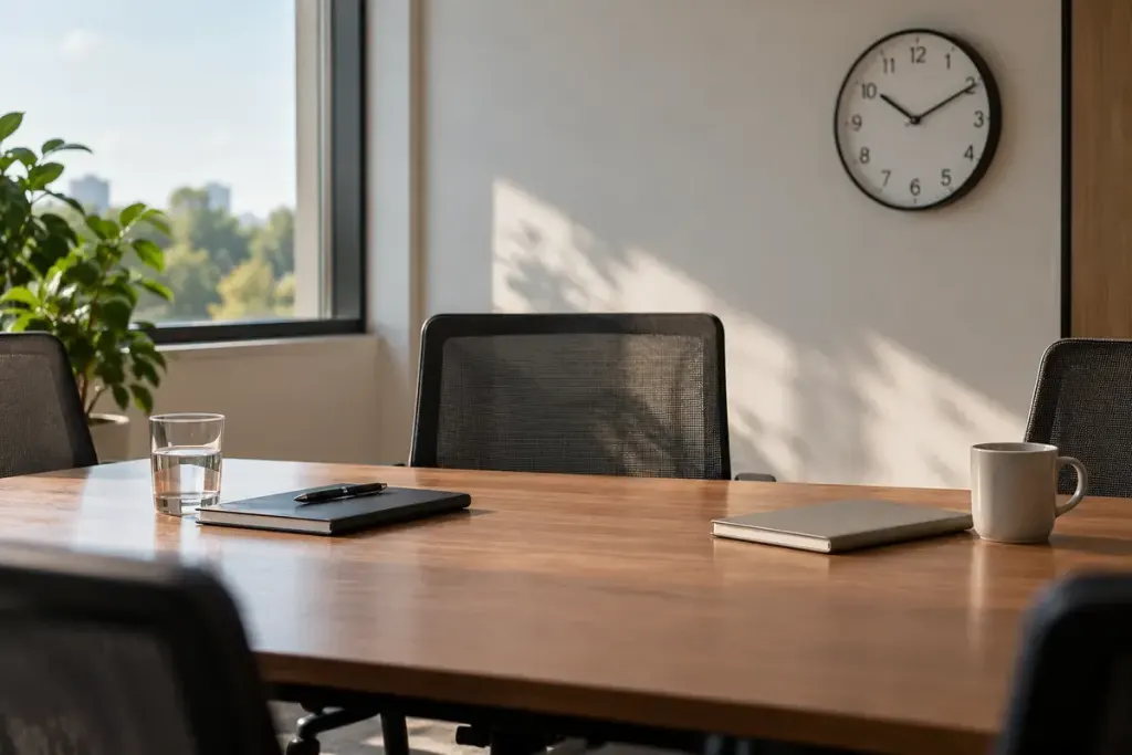A shared meeting room with an empty chair, a wall clock and two closed notebooks.
