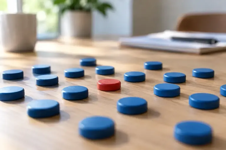 One red counter among many blue counters on a plain desk.