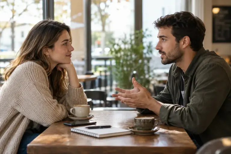 Two people discussing a commitment across cafe table.