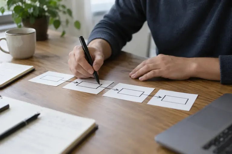A person drawing a sequence of connected decision cards on a desk.
