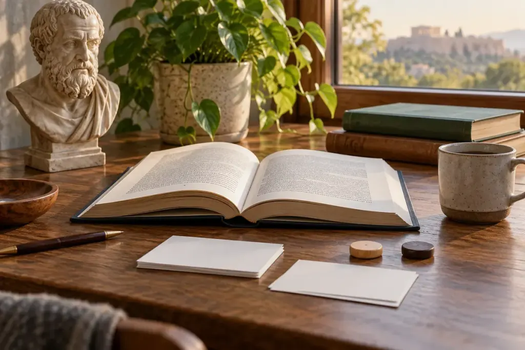 An open philosophy book with index cards and wooden counters.