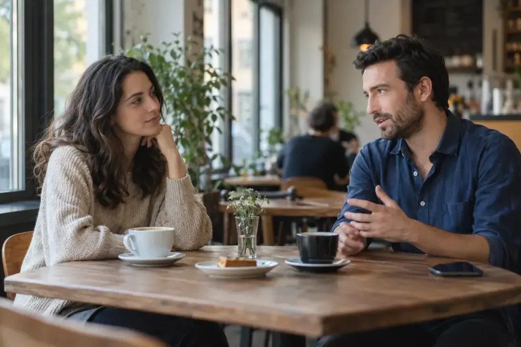 Two adults talking at a cafe table with thoughtful expressions and comfortable space between them.