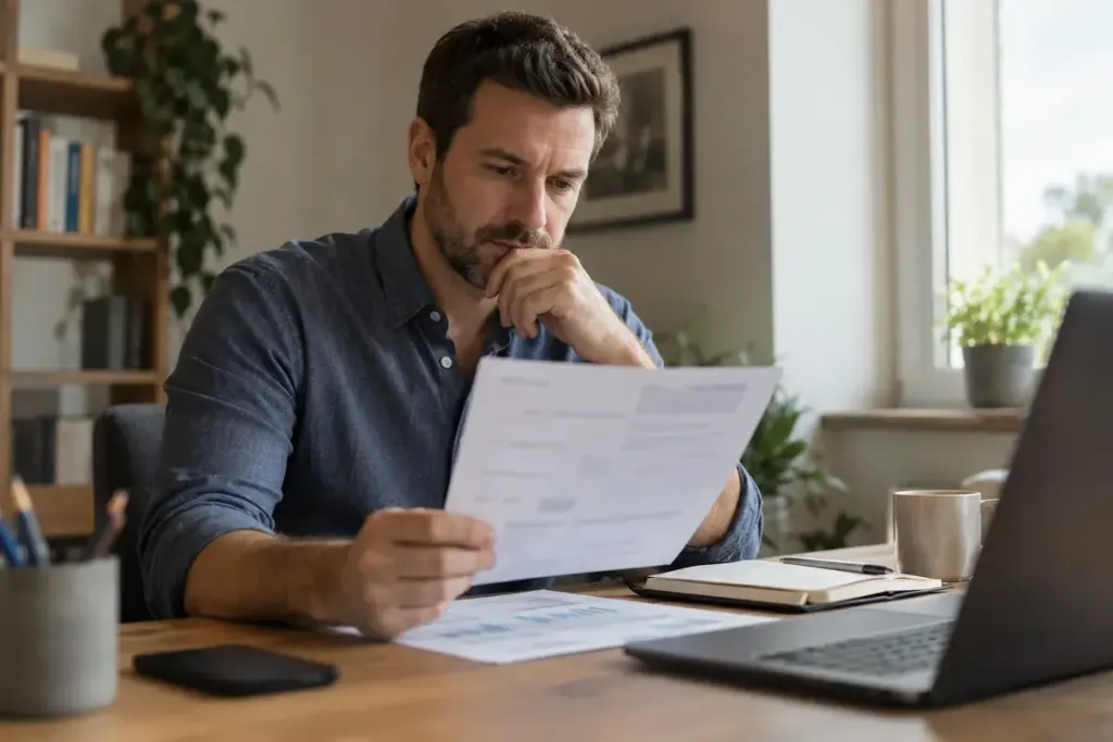 An adult reviewing a paper report with identifying details obscured at a private desk.