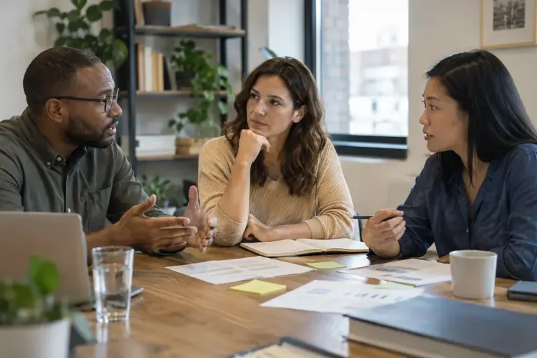 Three colleagues discussing a fictional fairness dilemma around a table.