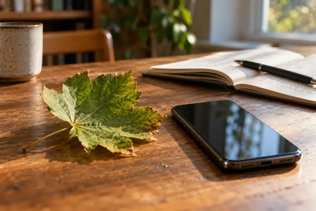 Natural leaf and manufactured everyday object beside philosophy notebook.