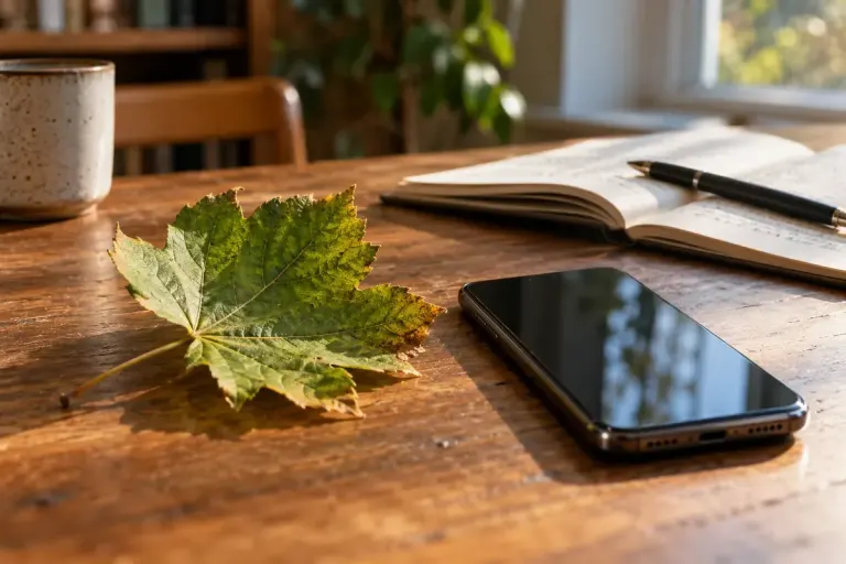 Natural leaf and manufactured everyday object beside philosophy notebook.