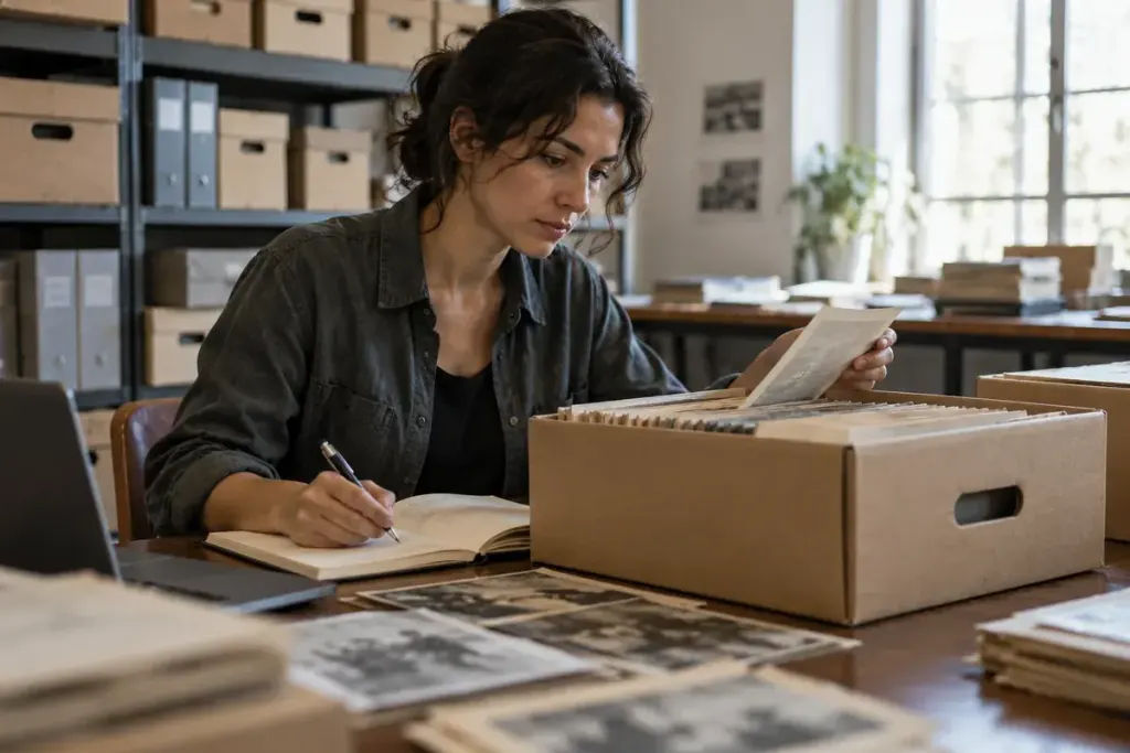 A researcher looking through an archive box and noting gaps in a record.
