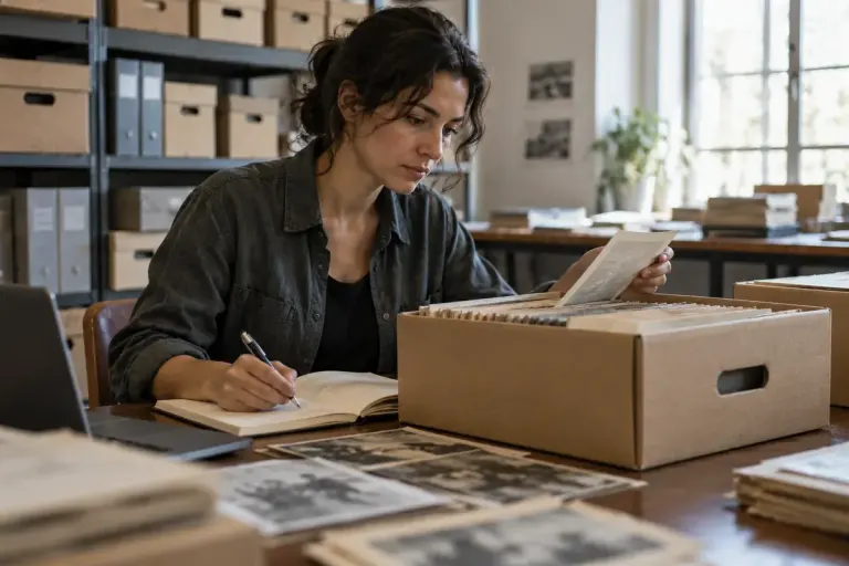 A researcher looking through an archive box and noting gaps in a record.
