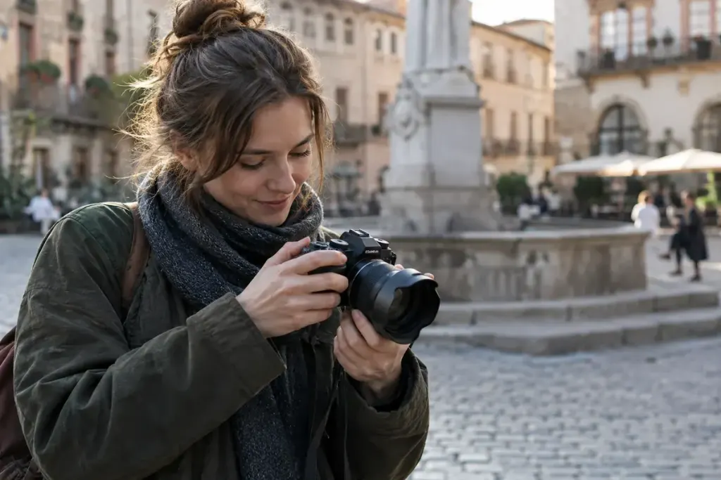 A person reviewing a street photo on a camera with the screen facing away, quiet public square background.
