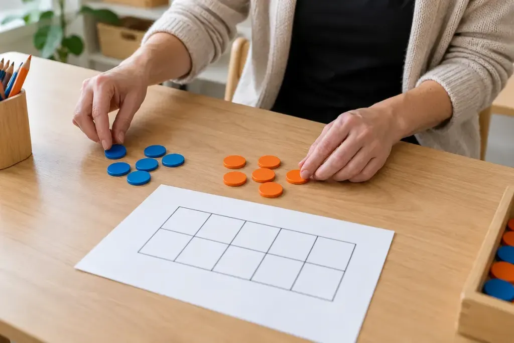 An educator arranging coloured counters beside a grid to compare frequencies.