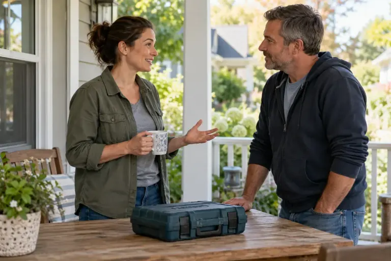 Neighbours discussing who may use a borrowed tool.