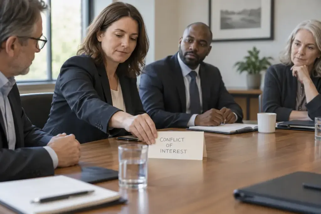 A committee member placing a disclosure note on a meeting table.