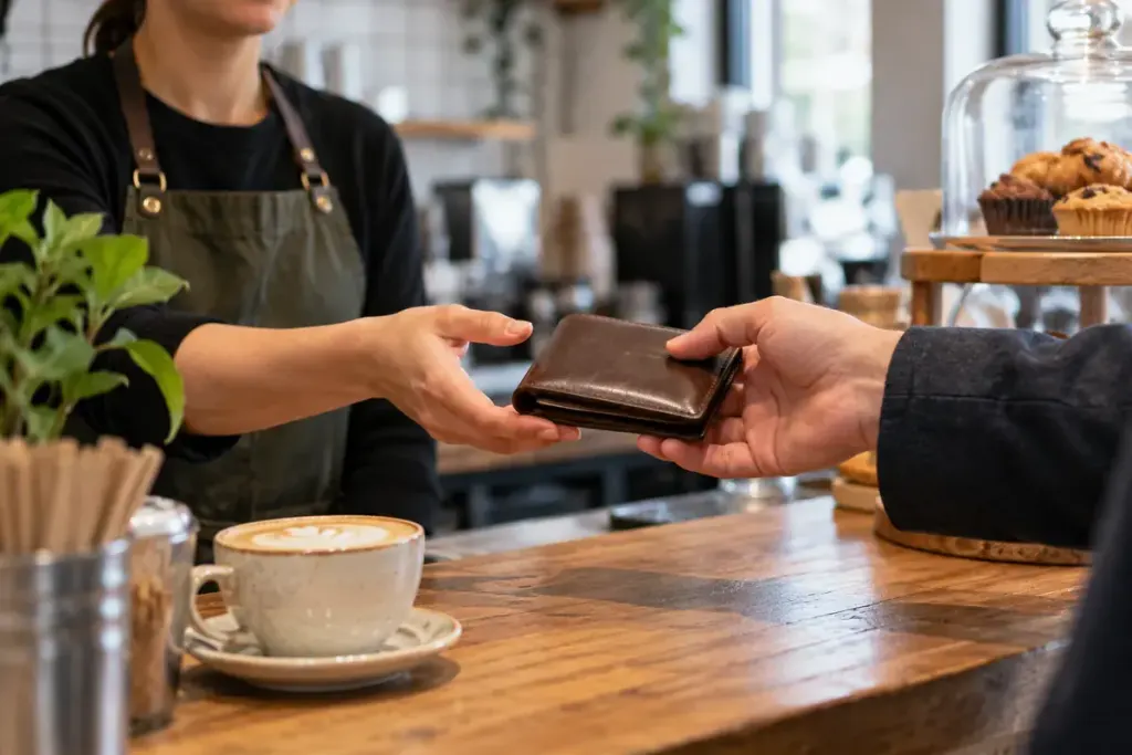 A closed wallet on a cafe counter being handed to a staff member.