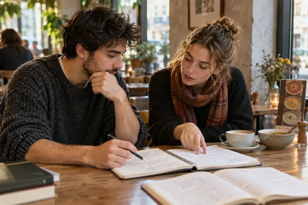 Two people discussing notes at a cafe table
