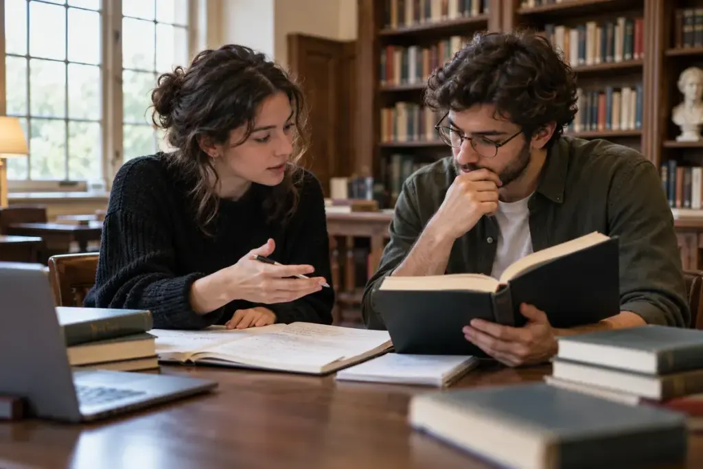 Two people discussing notes and a philosophy book in a quiet library study room.