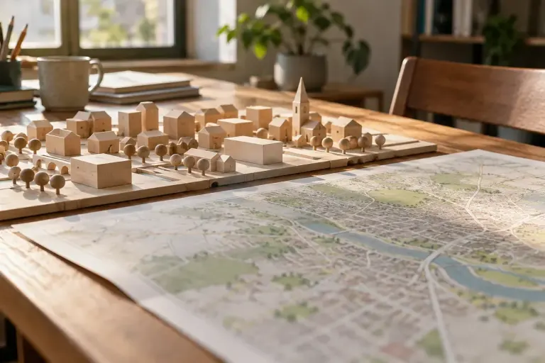A simple wooden model of a town beside a detailed paper map on a desk.