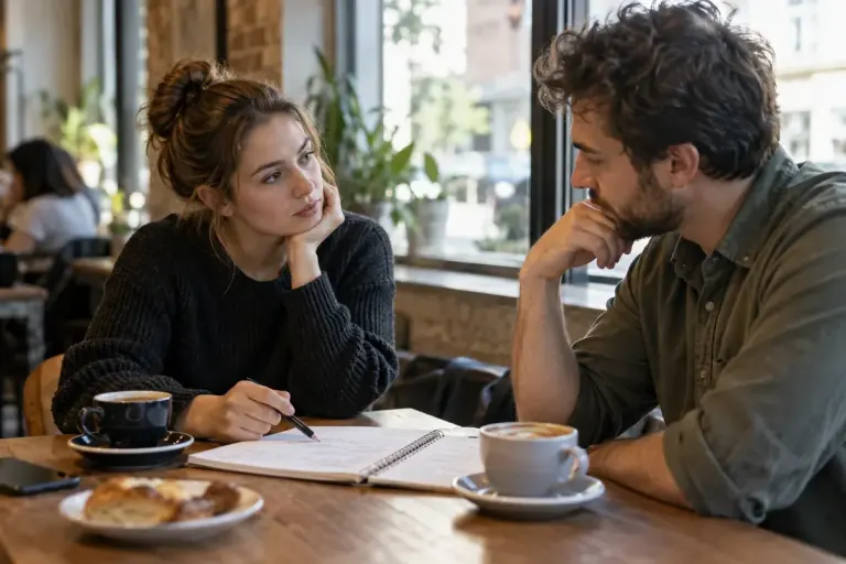 Two people discussing a fictional ethical scenario written on a notebook in a cafe.