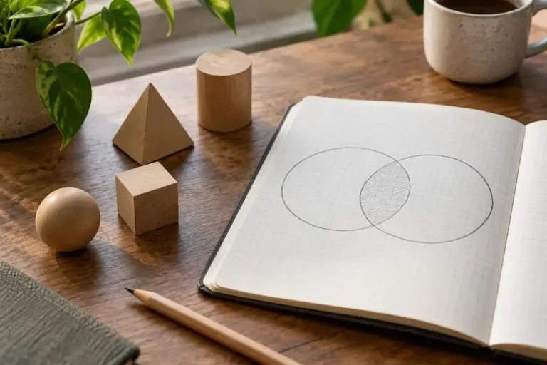 Two overlapping circles sketched in a notebook beside simple wooden geometric pieces.