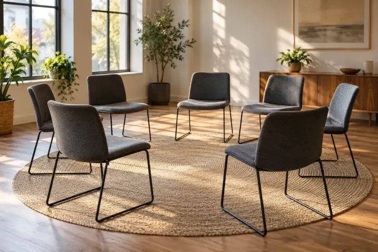 A group of empty identical chairs arranged in a circle in a quiet sunlit meeting room, thoughtful realistic photograph.