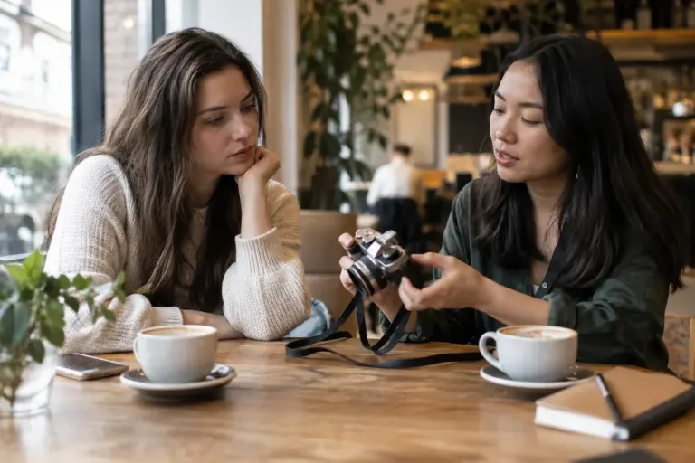 Two friends discussing a borrowed item across a cafe table, thoughtful expressions, natural candid framing.