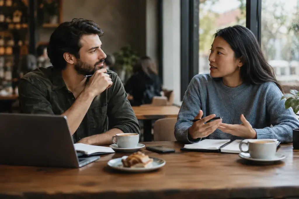 Two people discussing notes at a quiet café table.