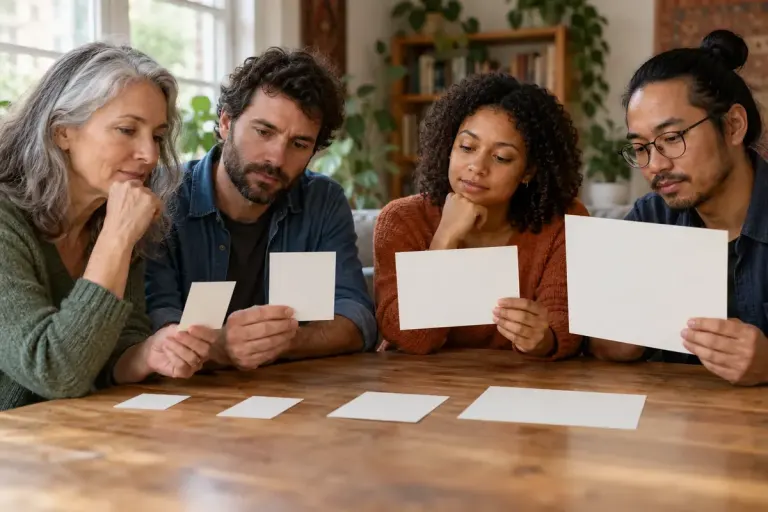 Four people considering differently sized blank resource cards at a community table, natural editorial photograph.