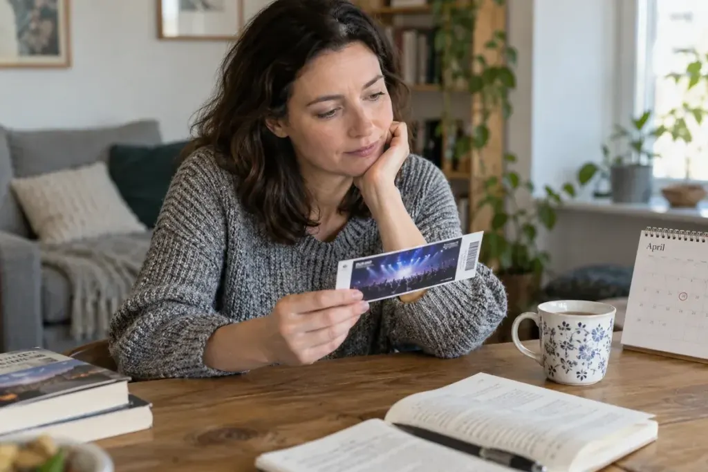 Adult considering an unused event ticket beside a calendar and cup of tea, quiet thoughtful home setting.