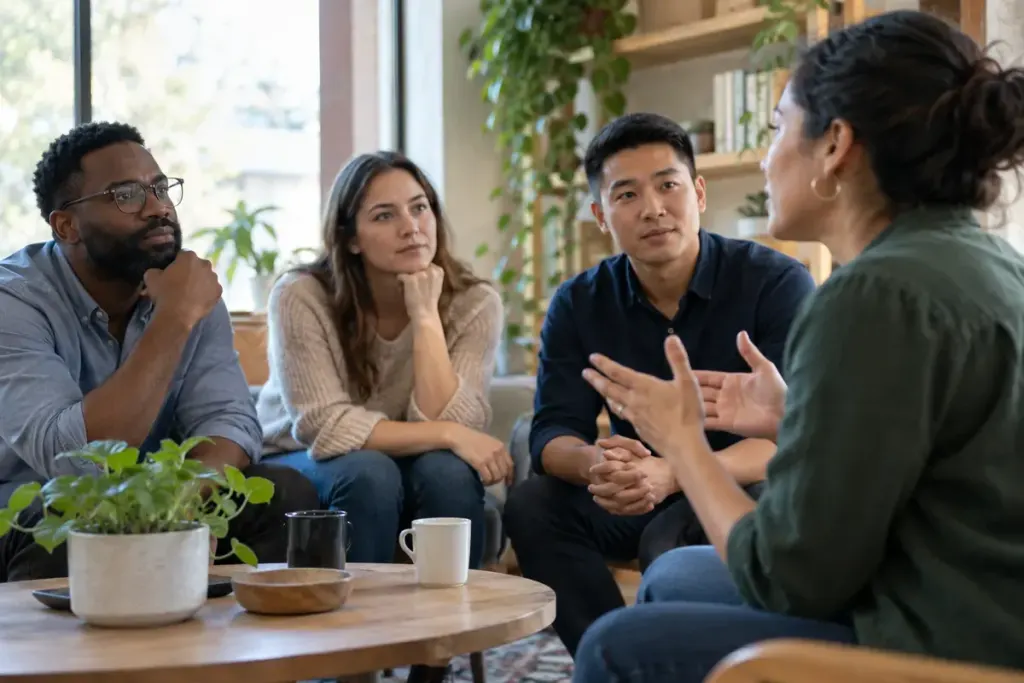 Three adults listening to a colleague speaking in a calm community discussion.