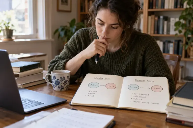 A philosophy reader comparing two labelled intention diagrams in a notebook.
