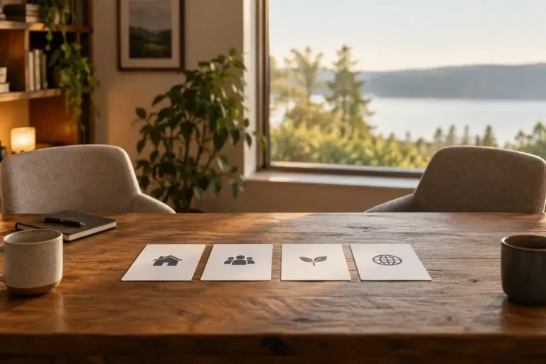 Four simple decision cards arranged on a table between two empty chairs.