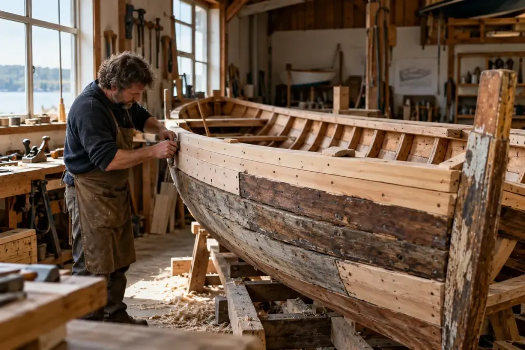 A small wooden boat under careful restoration in a quiet workshop with old and new planks visible.