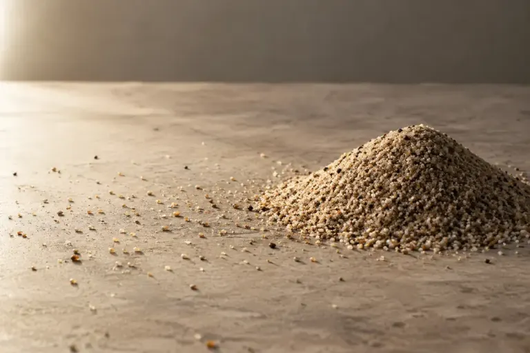 A small pile of sand beside scattered single grains on a plain tabletop, philosophical editorial still life.